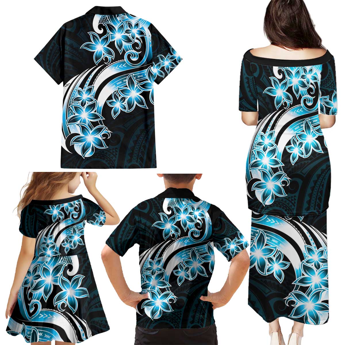 Plumeria Tribal Tattoo Family Matching Puletasi and Hawaiian Shirt Blue Polynesian Pattern
