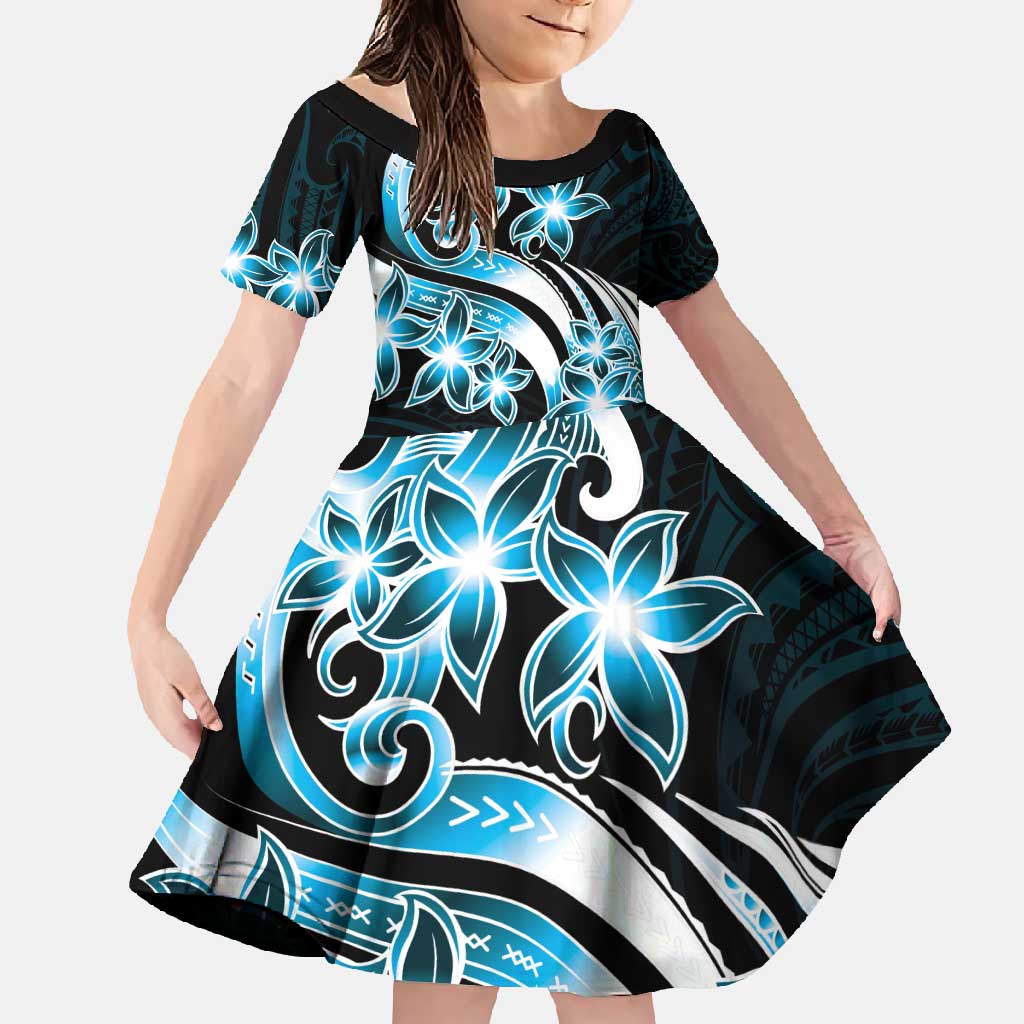 Plumeria Tribal Tattoo Family Matching Short Sleeve Bodycon Dress and Hawaiian Shirt Blue Polynesian Pattern