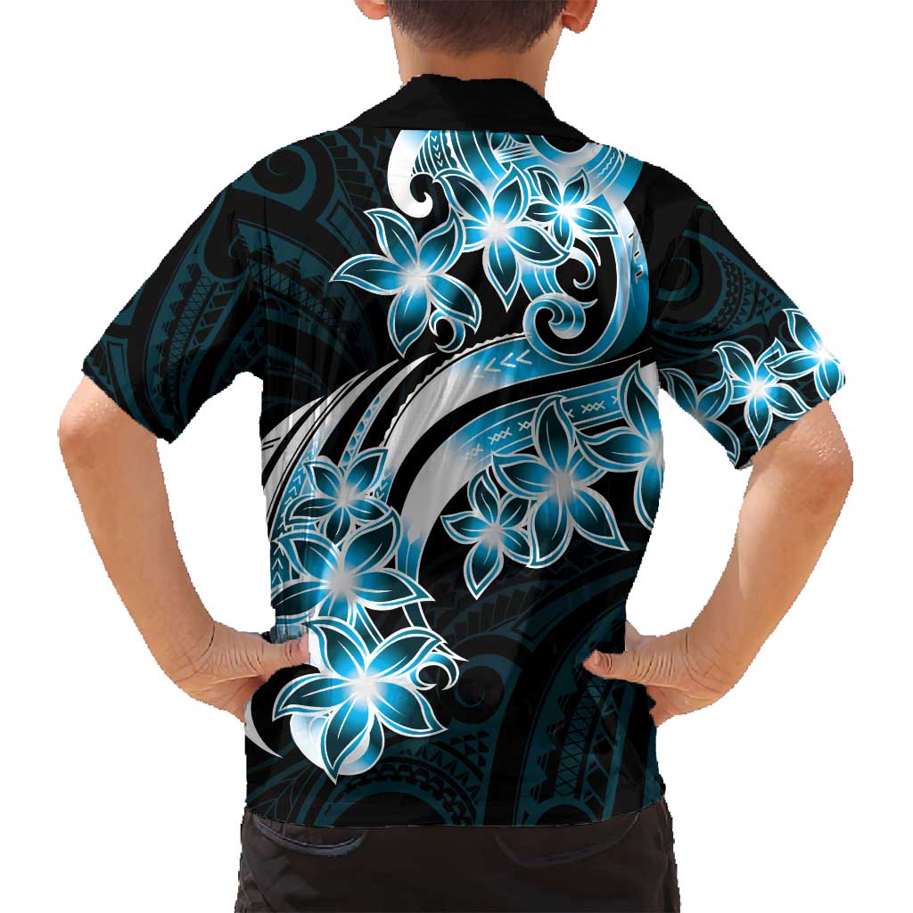 Plumeria Tribal Tattoo Family Matching Tank Maxi Dress and Hawaiian Shirt Blue Polynesian Pattern
