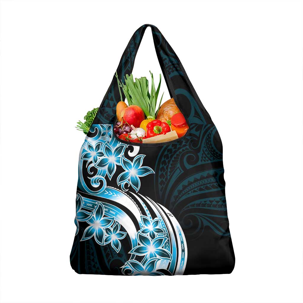 Plumeria Tribal Tattoo Grocery Bag Blue Polynesian Pattern