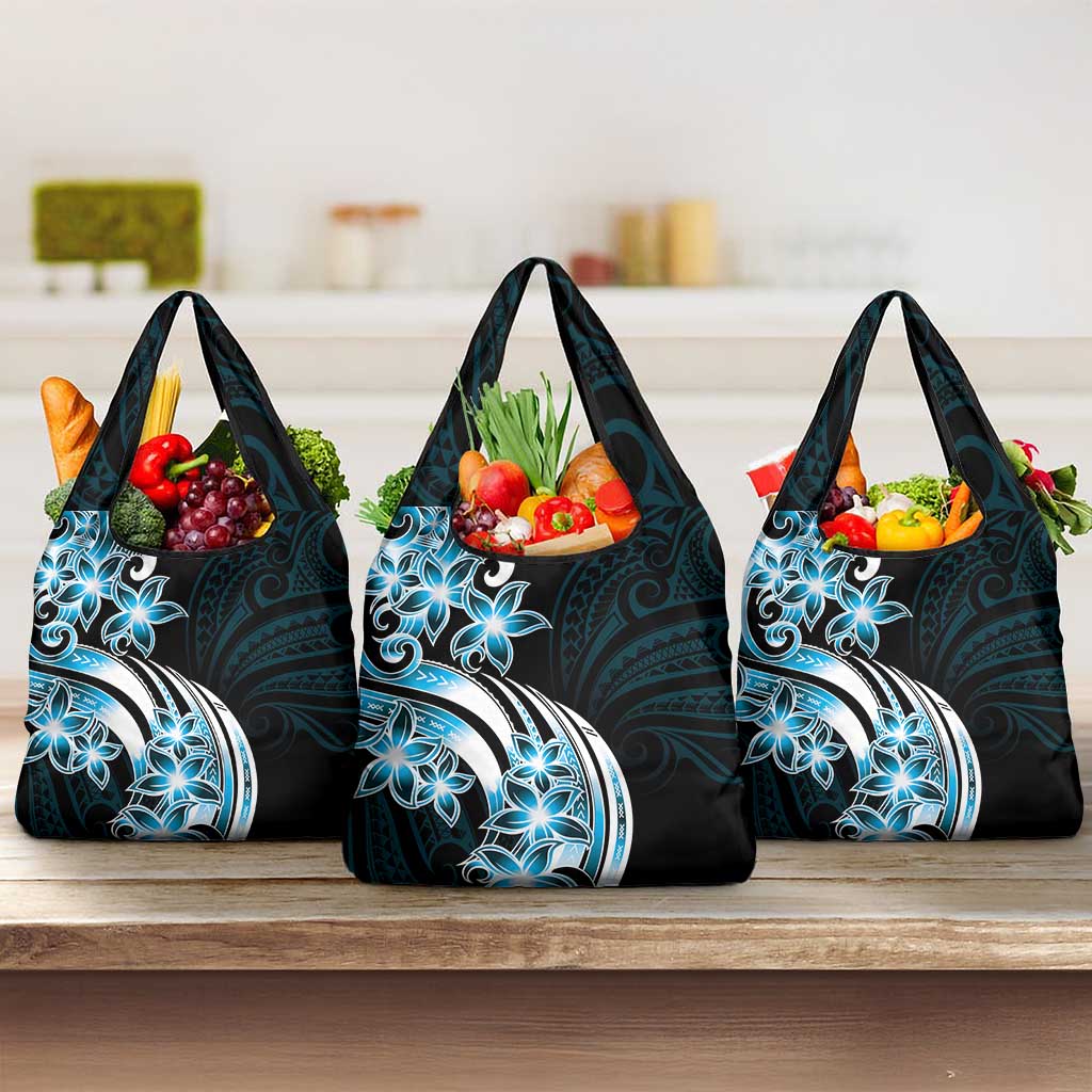 Plumeria Tribal Tattoo Grocery Bag Blue Polynesian Pattern