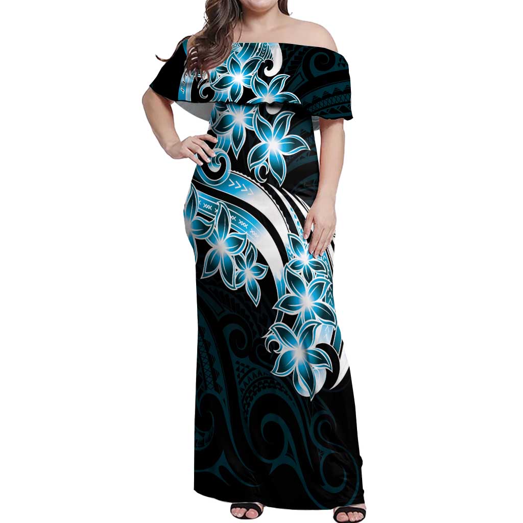 Plumeria Tribal Tattoo Off Shoulder Maxi Dress Blue Polynesian Pattern