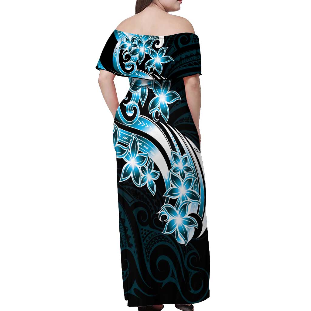 Plumeria Tribal Tattoo Off Shoulder Maxi Dress Blue Polynesian Pattern