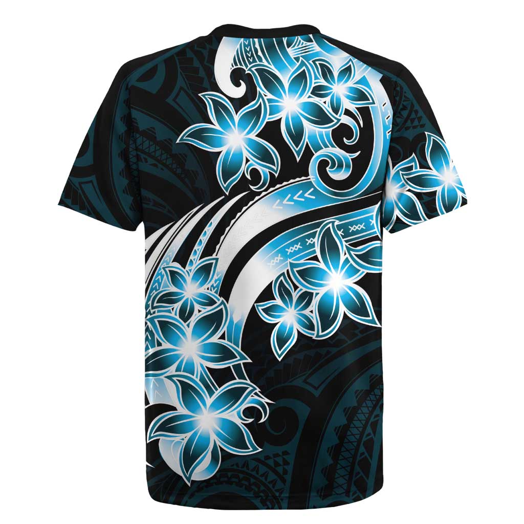 Plumeria Tribal Tattoo Rugby Jersey Blue Polynesian Pattern