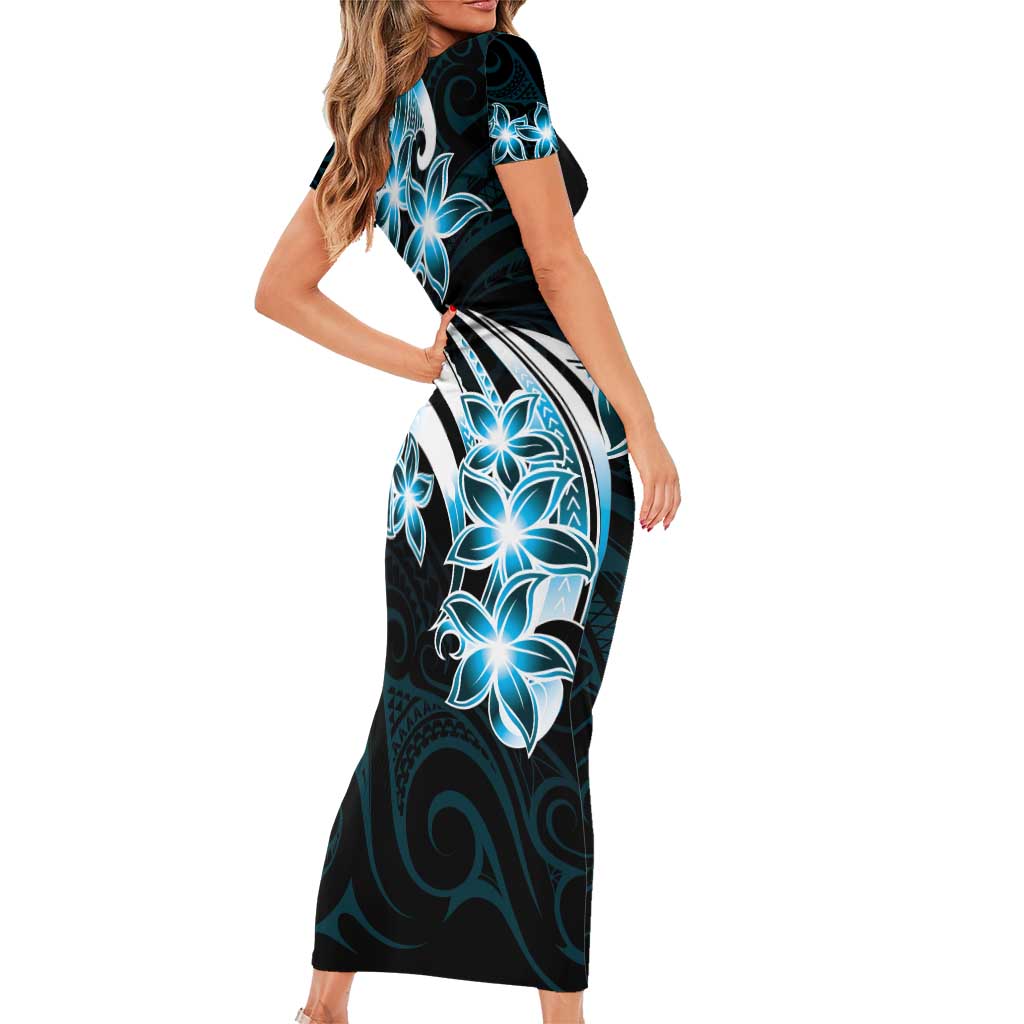 Plumeria Tribal Tattoo Short Sleeve Bodycon Dress Blue Polynesian Pattern
