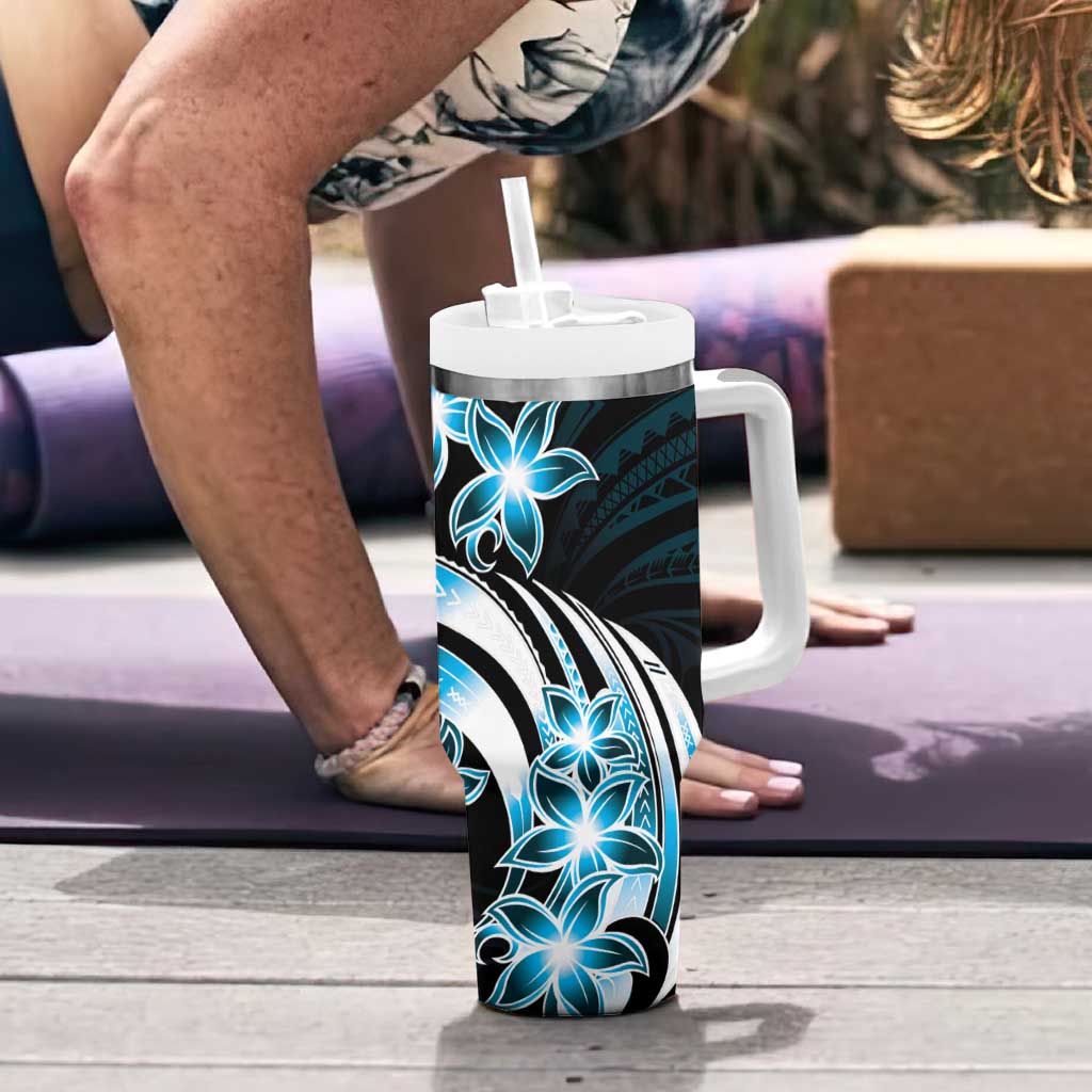 Plumeria Tribal Tattoo Tumbler With Handle Blue Polynesian Pattern