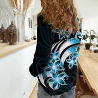 Plumeria Tribal Tattoo Women Casual Shirt Blue Polynesian Pattern