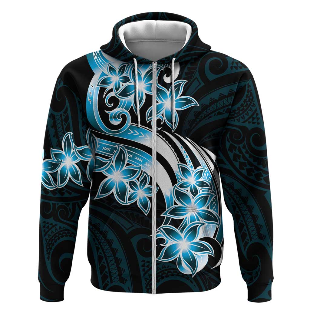 Plumeria Tribal Tattoo Zip Hoodie Blue Polynesian Pattern