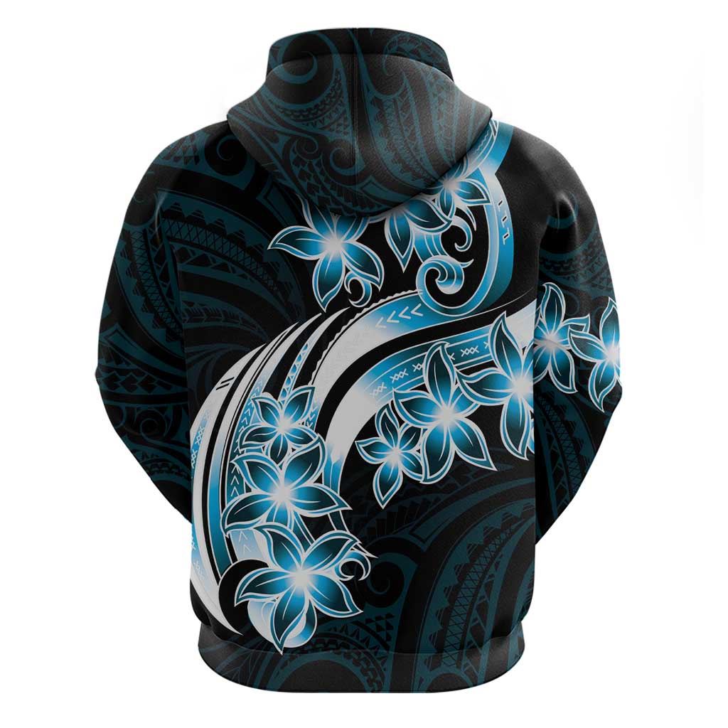 Plumeria Tribal Tattoo Zip Hoodie Blue Polynesian Pattern