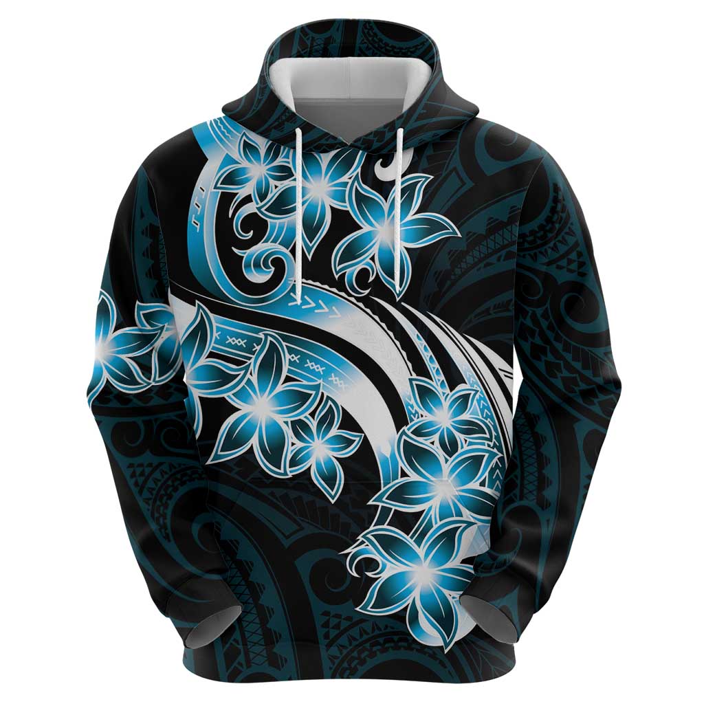 Plumeria Tribal Tattoo Zip Hoodie Blue Polynesian Pattern
