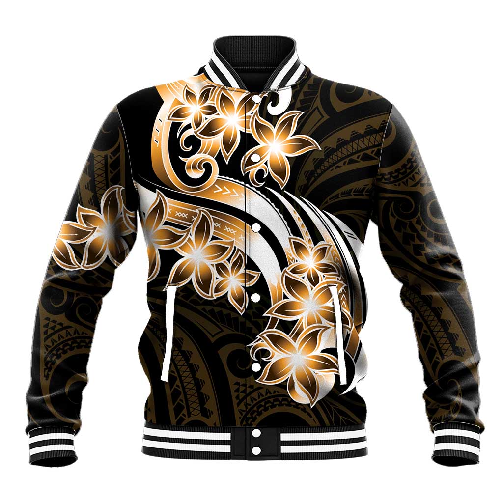 Plumeria Tribal Tattoo Baseball Jacket Gold Polynesian Pattern LT9 Unisex Gold - Polynesian Pride