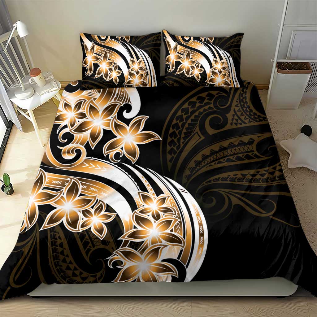 Plumeria Tribal Tattoo Bedding Set Gold Polynesian Pattern