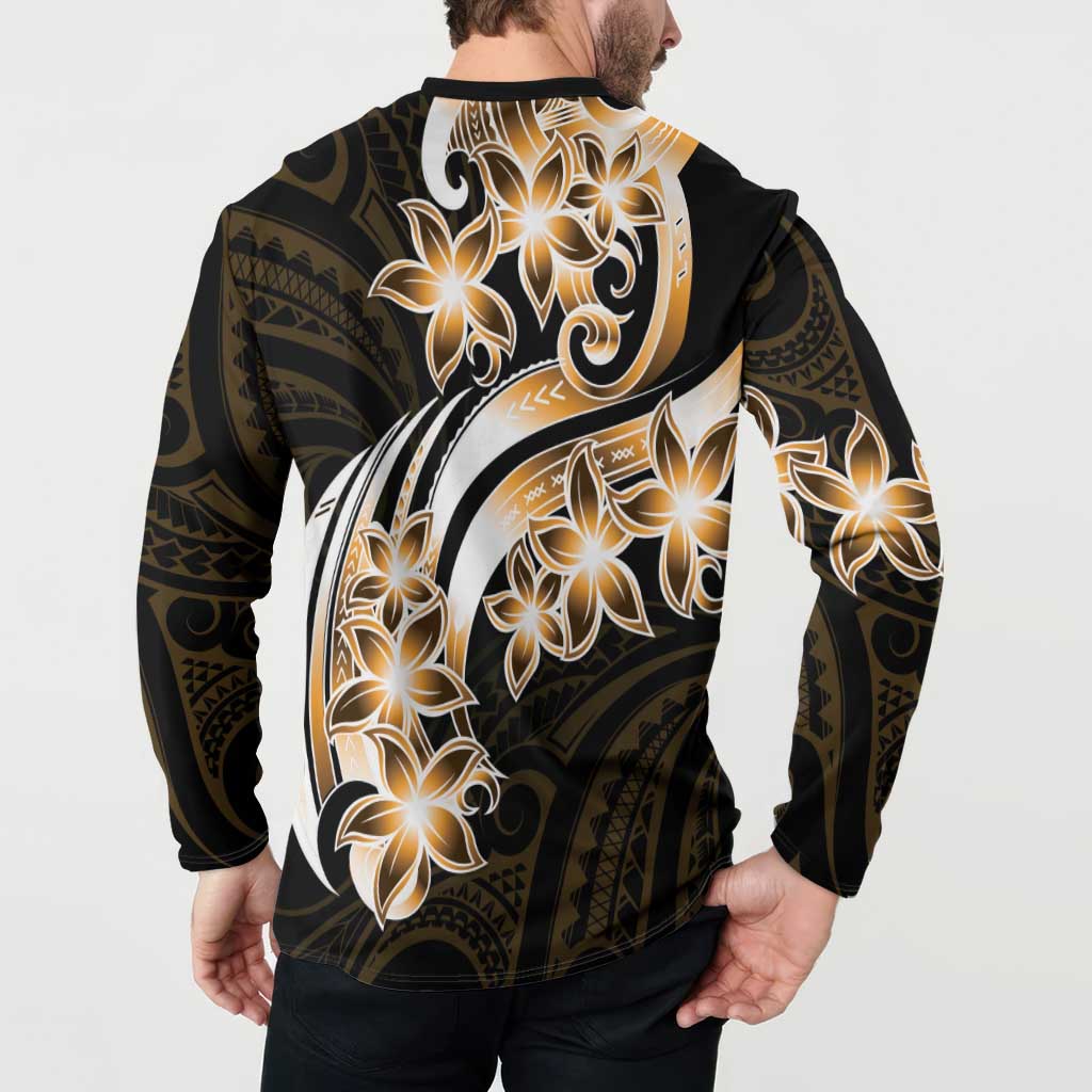 Plumeria Tribal Tattoo Button Sweatshirt Gold Polynesian Pattern