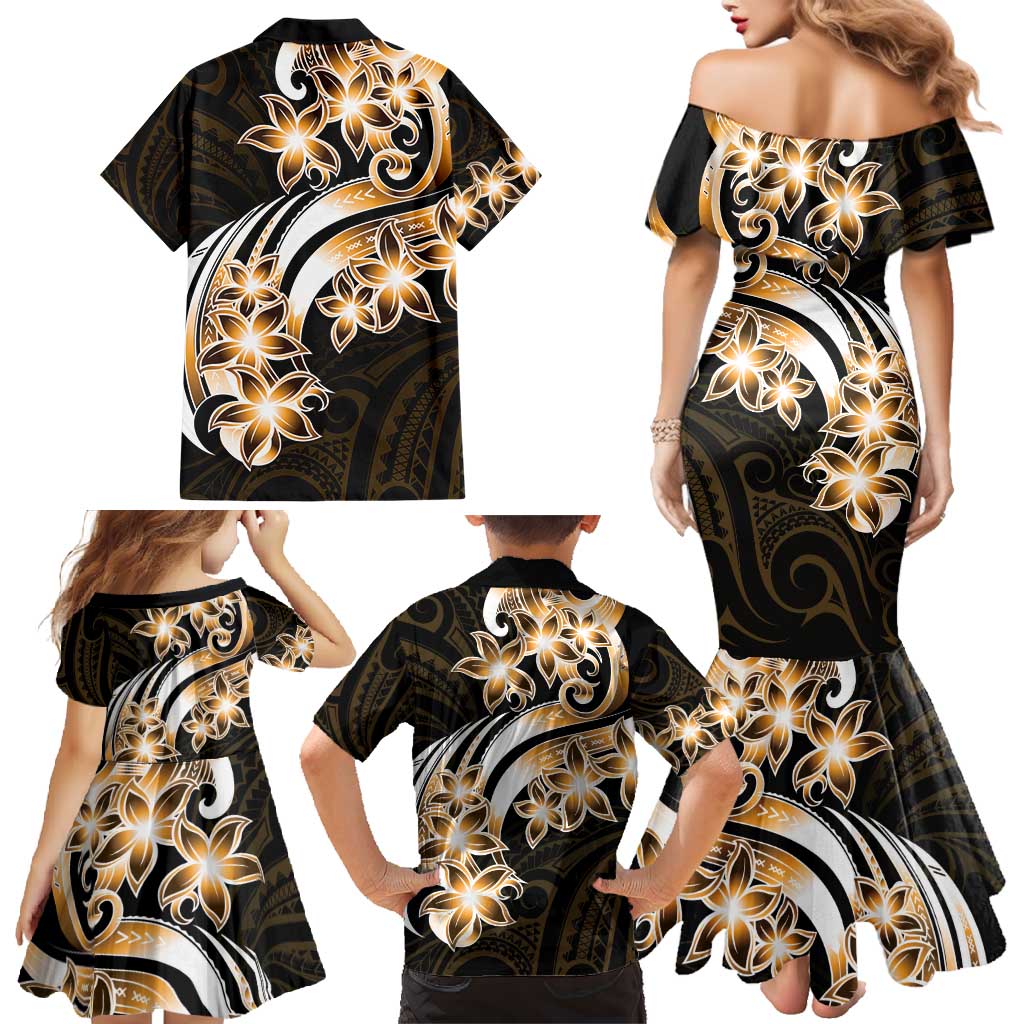Plumeria Tribal Tattoo Family Matching Mermaid Dress and Hawaiian Shirt Gold Polynesian Pattern
