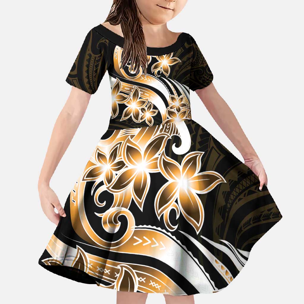 Plumeria Tribal Tattoo Family Matching Off Shoulder Maxi Dress and Hawaiian Shirt Gold Polynesian Pattern