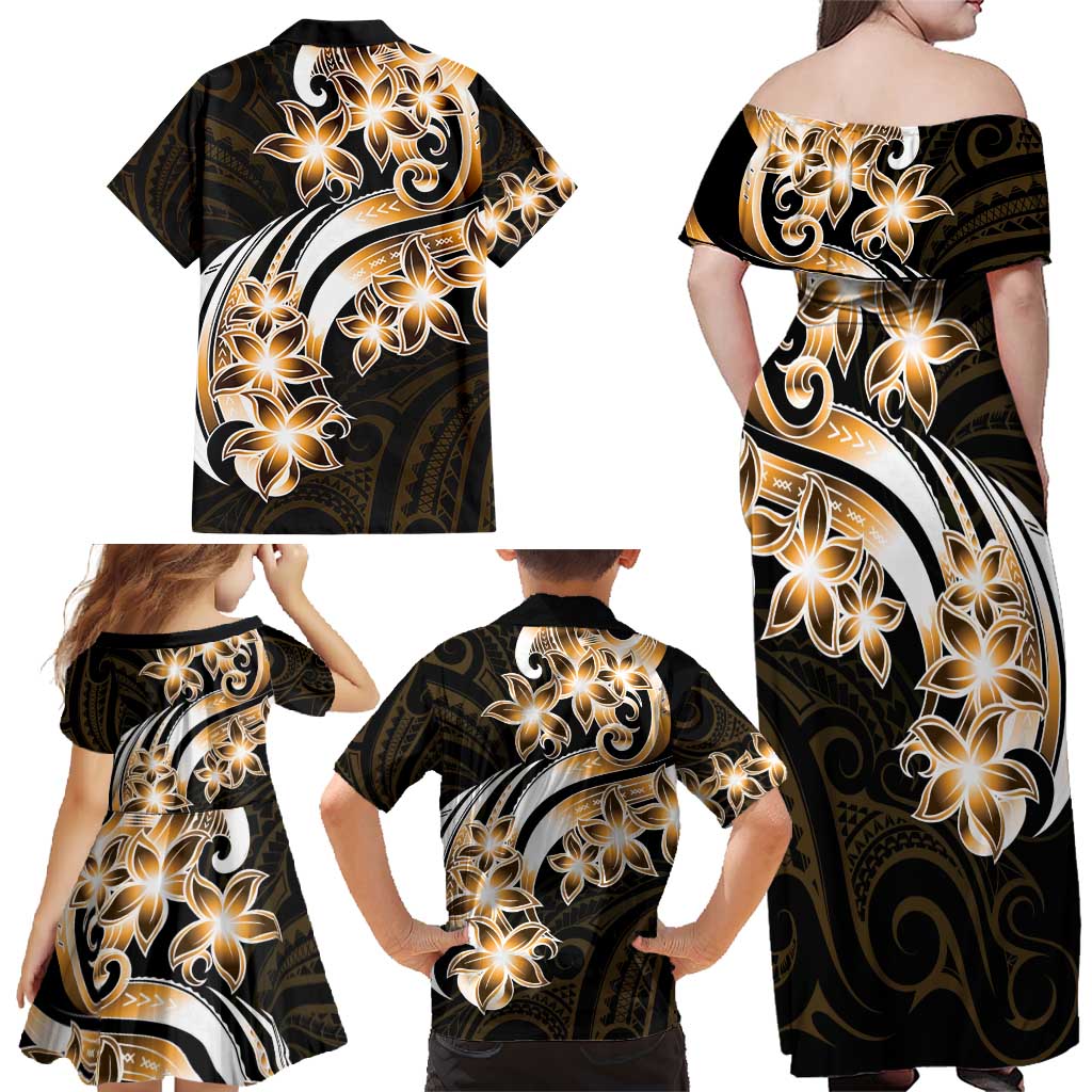 Plumeria Tribal Tattoo Family Matching Off Shoulder Maxi Dress and Hawaiian Shirt Gold Polynesian Pattern