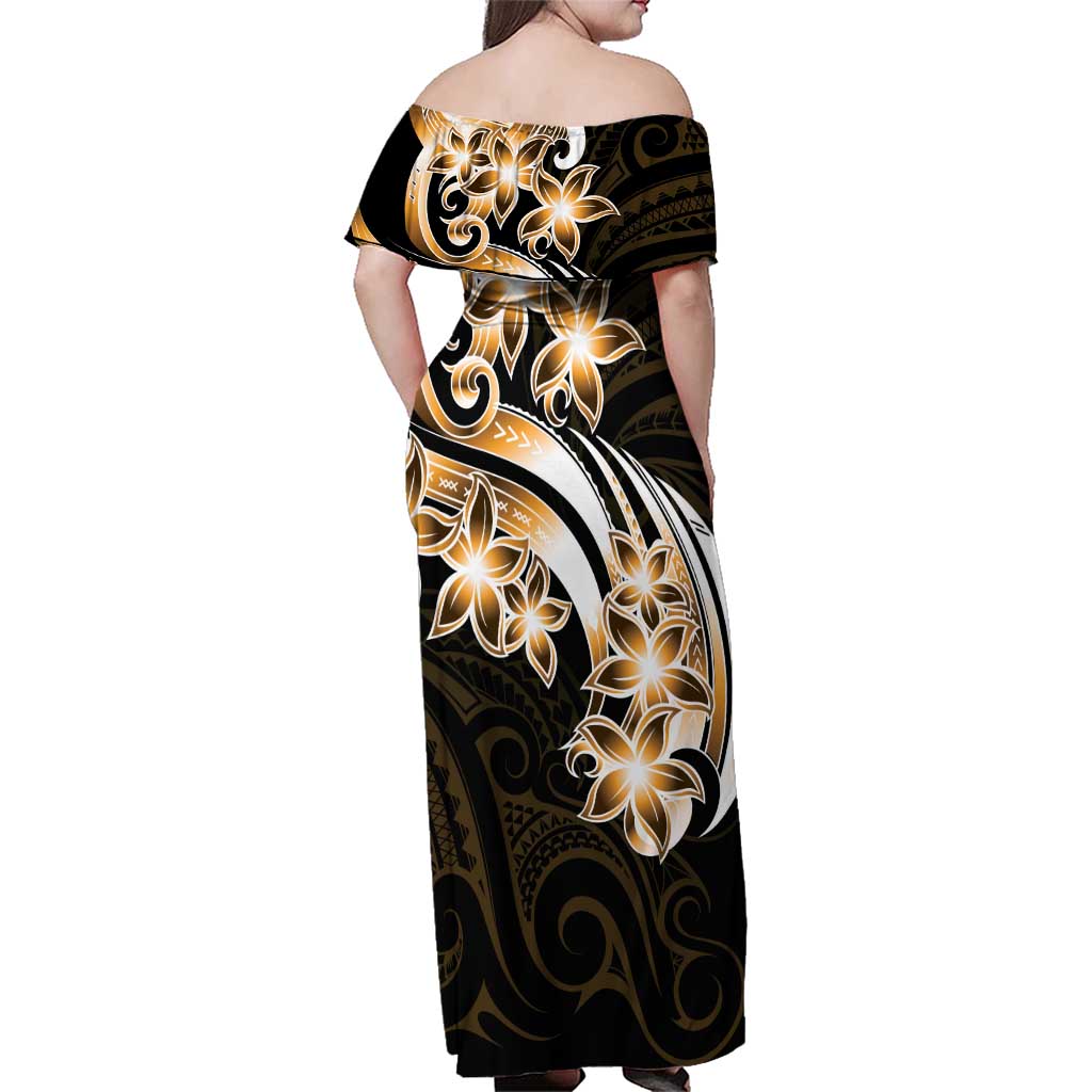 Plumeria Tribal Tattoo Family Matching Off Shoulder Maxi Dress and Hawaiian Shirt Gold Polynesian Pattern