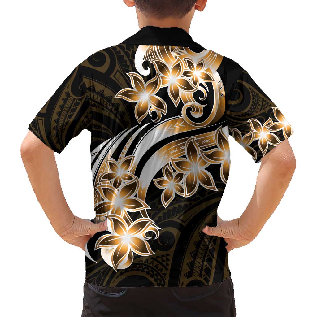 Plumeria Tribal Tattoo Family Matching Tank Maxi Dress and Hawaiian Shirt Gold Polynesian Pattern
