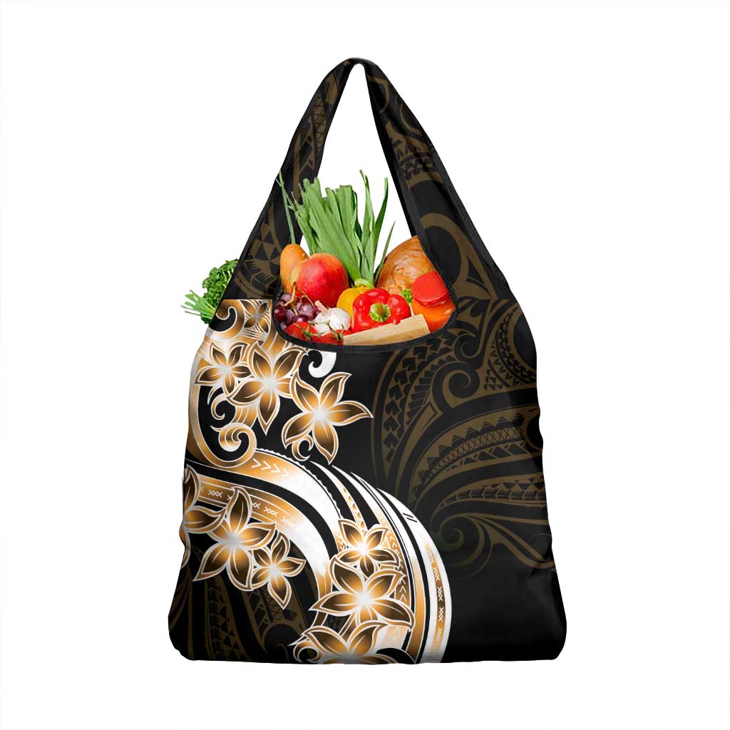 Plumeria Tribal Tattoo Grocery Bag Gold Polynesian Pattern