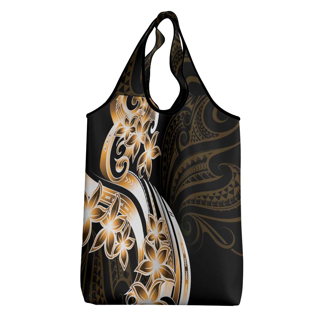 Plumeria Tribal Tattoo Grocery Bag Gold Polynesian Pattern