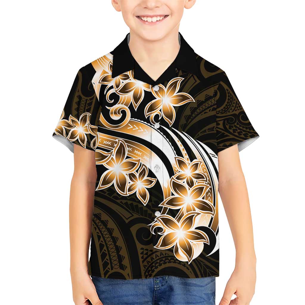 Plumeria Tribal Tattoo Kid Hawaiian Shirt Gold Polynesian Pattern
