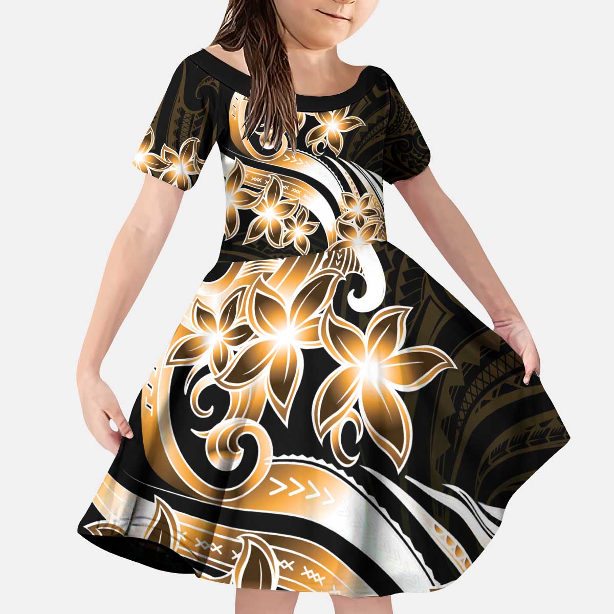 Plumeria Tribal Tattoo Kid Short Sleeve Dress Gold Polynesian Pattern LT9 KID Gold - Polynesian Pride