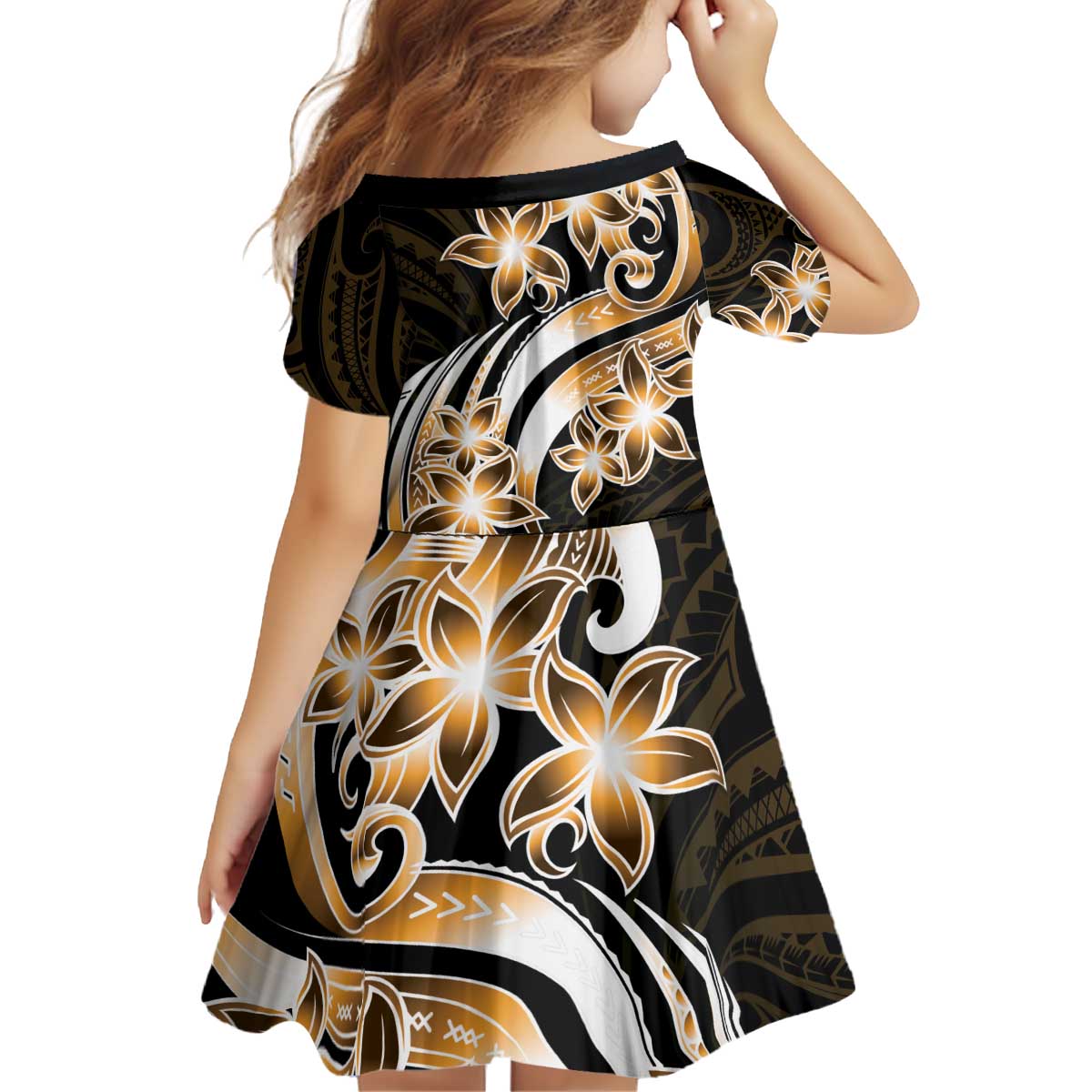 Plumeria Tribal Tattoo Kid Short Sleeve Dress Gold Polynesian Pattern LT9 - Polynesian Pride