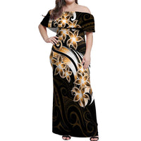 Plumeria Tribal Tattoo Off Shoulder Maxi Dress Gold Polynesian Pattern