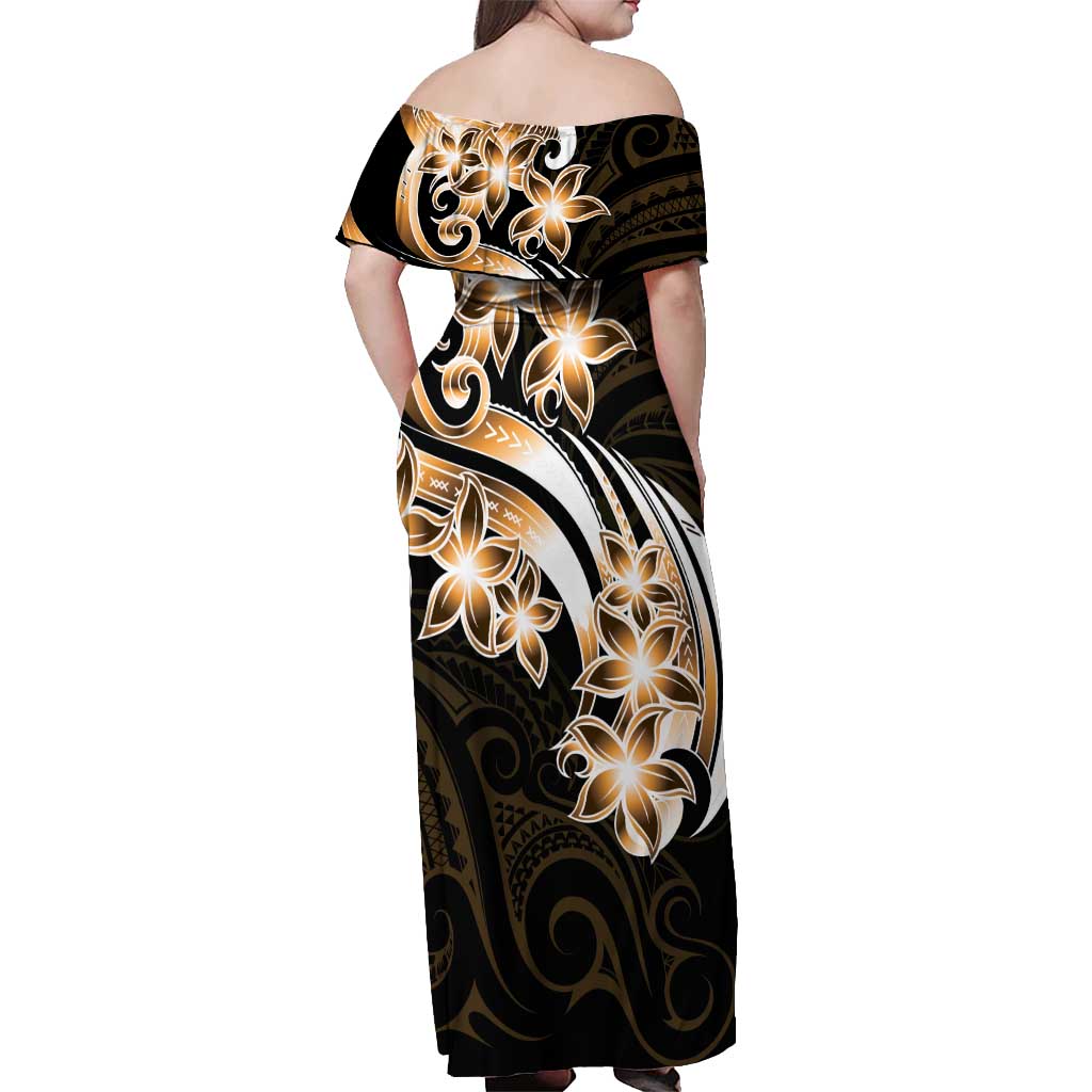 Plumeria Tribal Tattoo Off Shoulder Maxi Dress Gold Polynesian Pattern