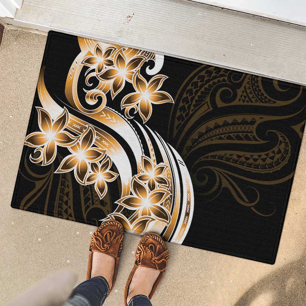 Plumeria Tribal Tattoo Rubber Doormat Gold Polynesian Pattern