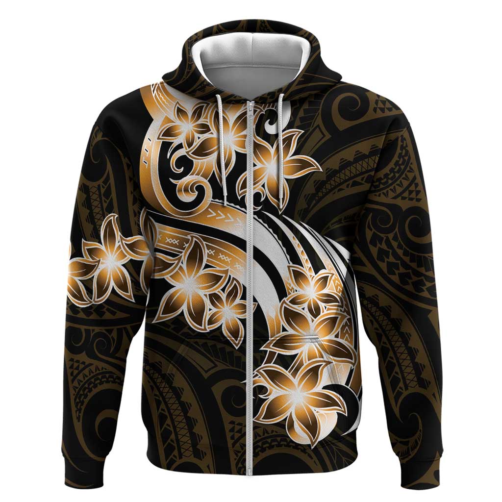 Plumeria Tribal Tattoo Zip Hoodie Gold Polynesian Pattern