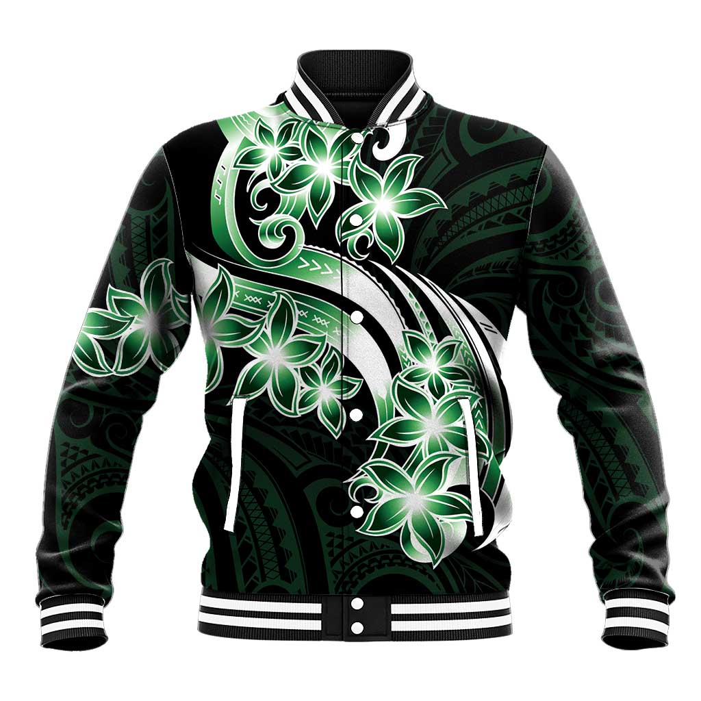 Plumeria Tribal Tattoo Baseball Jacket Green Polynesian Pattern LT9 Unisex Green - Polynesian Pride