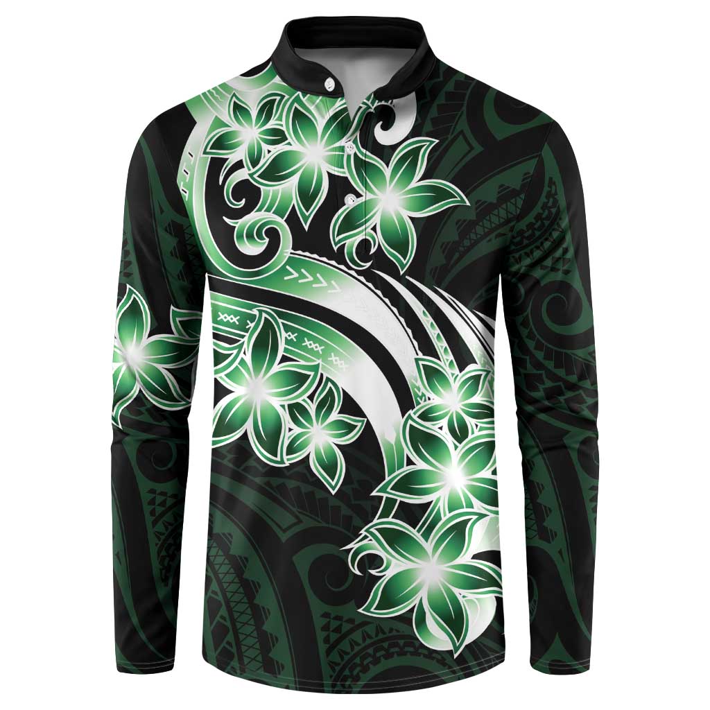 Plumeria Tribal Tattoo Button Sweatshirt Green Polynesian Pattern