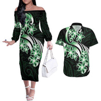Plumeria Tribal Tattoo Couples Matching Off The Shoulder Long Sleeve Dress and Hawaiian Shirt Green Polynesian Pattern
