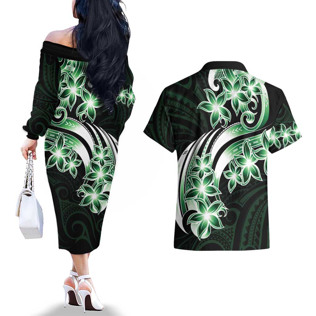 Plumeria Tribal Tattoo Couples Matching Off The Shoulder Long Sleeve Dress and Hawaiian Shirt Green Polynesian Pattern