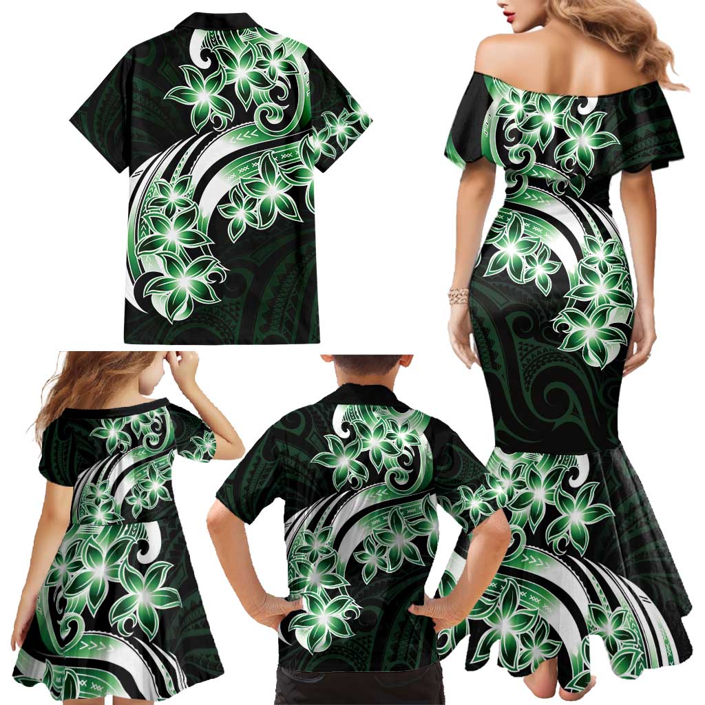 Plumeria Tribal Tattoo Family Matching Mermaid Dress and Hawaiian Shirt Green Polynesian Pattern