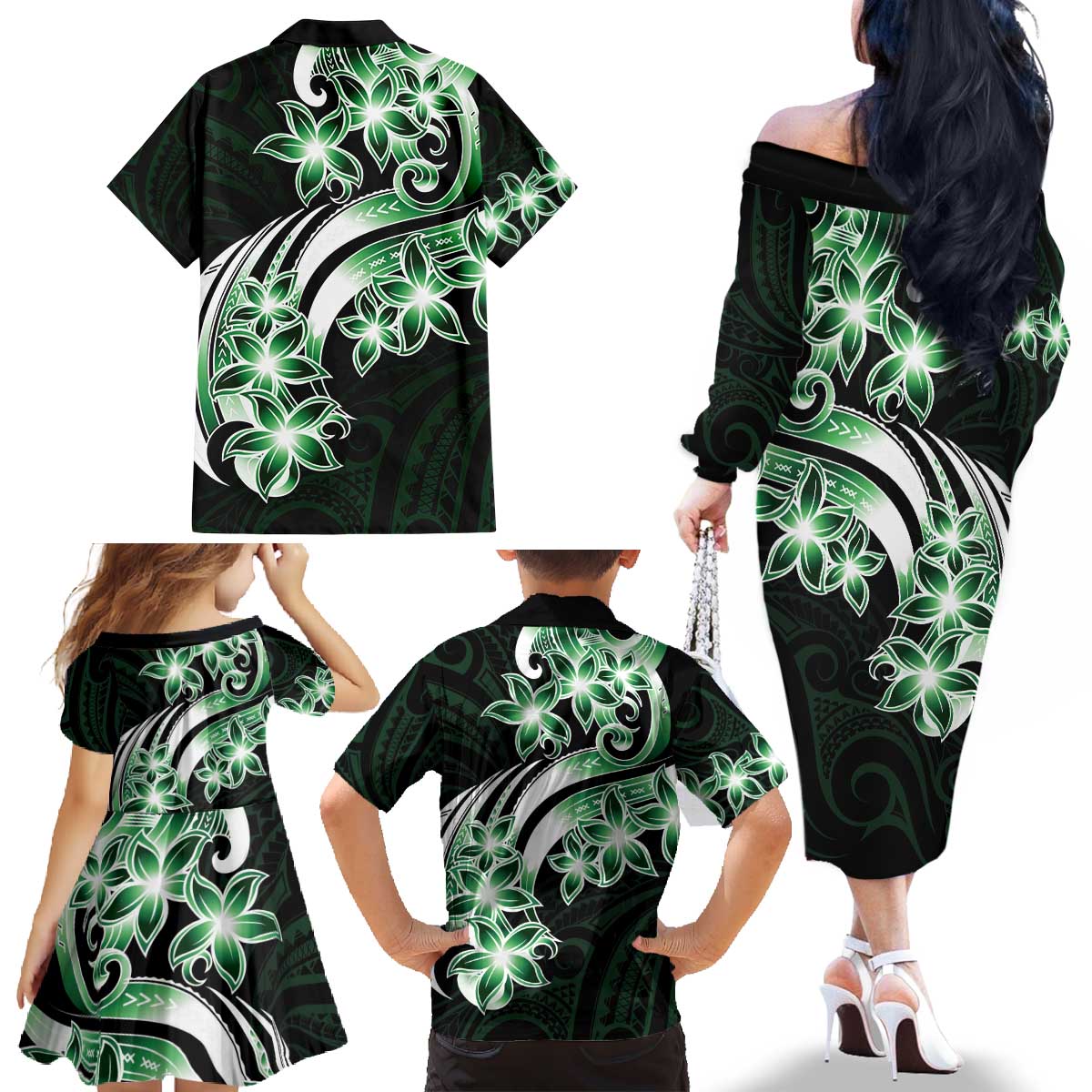 Plumeria Tribal Tattoo Family Matching Off The Shoulder Long Sleeve Dress and Hawaiian Shirt Green Polynesian Pattern