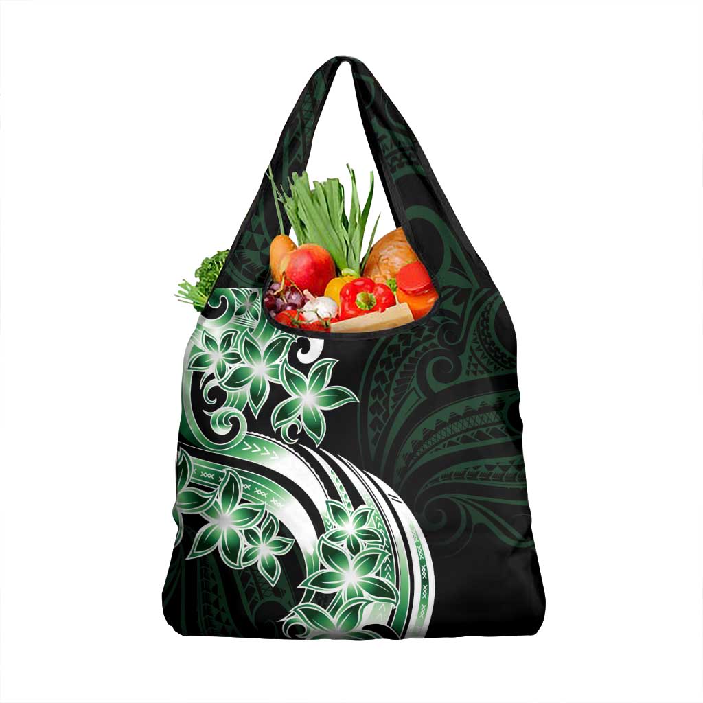 Plumeria Tribal Tattoo Grocery Bag Green Polynesian Pattern