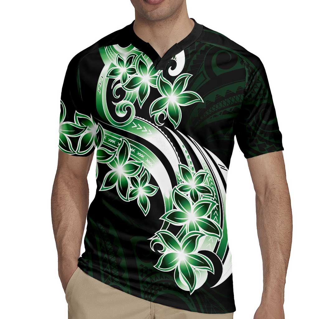 Plumeria Tribal Tattoo Rugby Jersey Green Polynesian Pattern