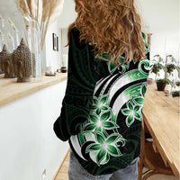 Plumeria Tribal Tattoo Women Casual Shirt Green Polynesian Pattern