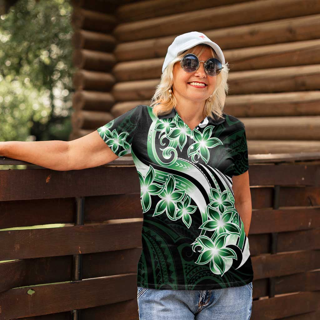 Plumeria Tribal Tattoo Women Polo Shirt Green Polynesian Pattern