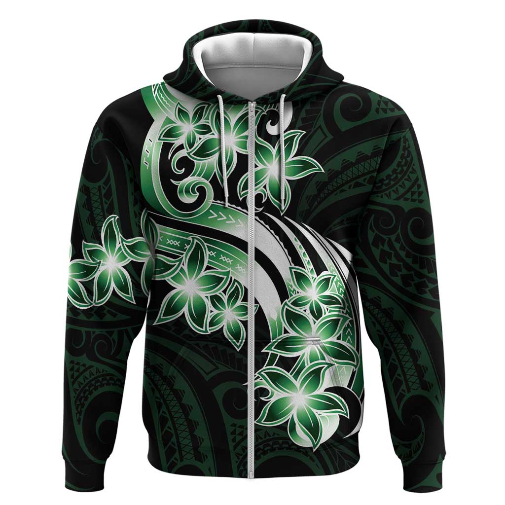 Plumeria Tribal Tattoo Zip Hoodie Green Polynesian Pattern