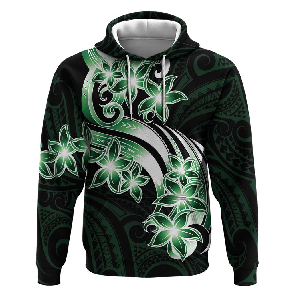 Plumeria Tribal Tattoo Zip Hoodie Green Polynesian Pattern