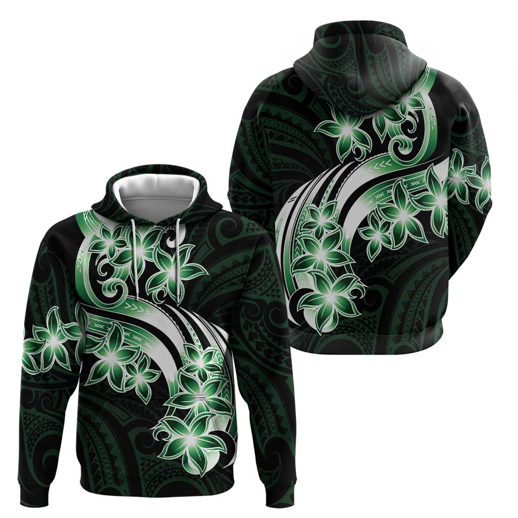 Plumeria Tribal Tattoo Zip Hoodie Green Polynesian Pattern