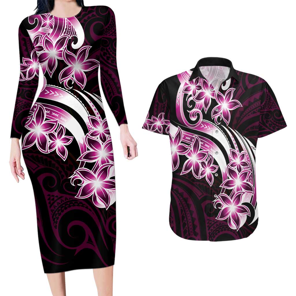 Plumeria Tribal Tattoo Couples Matching Long Sleeve Bodycon Dress and Hawaiian Shirt Pink Polynesian Pattern