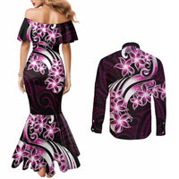 Plumeria Tribal Tattoo Couples Matching Mermaid Dress and Long Sleeve Button Shirt Pink Polynesian Pattern