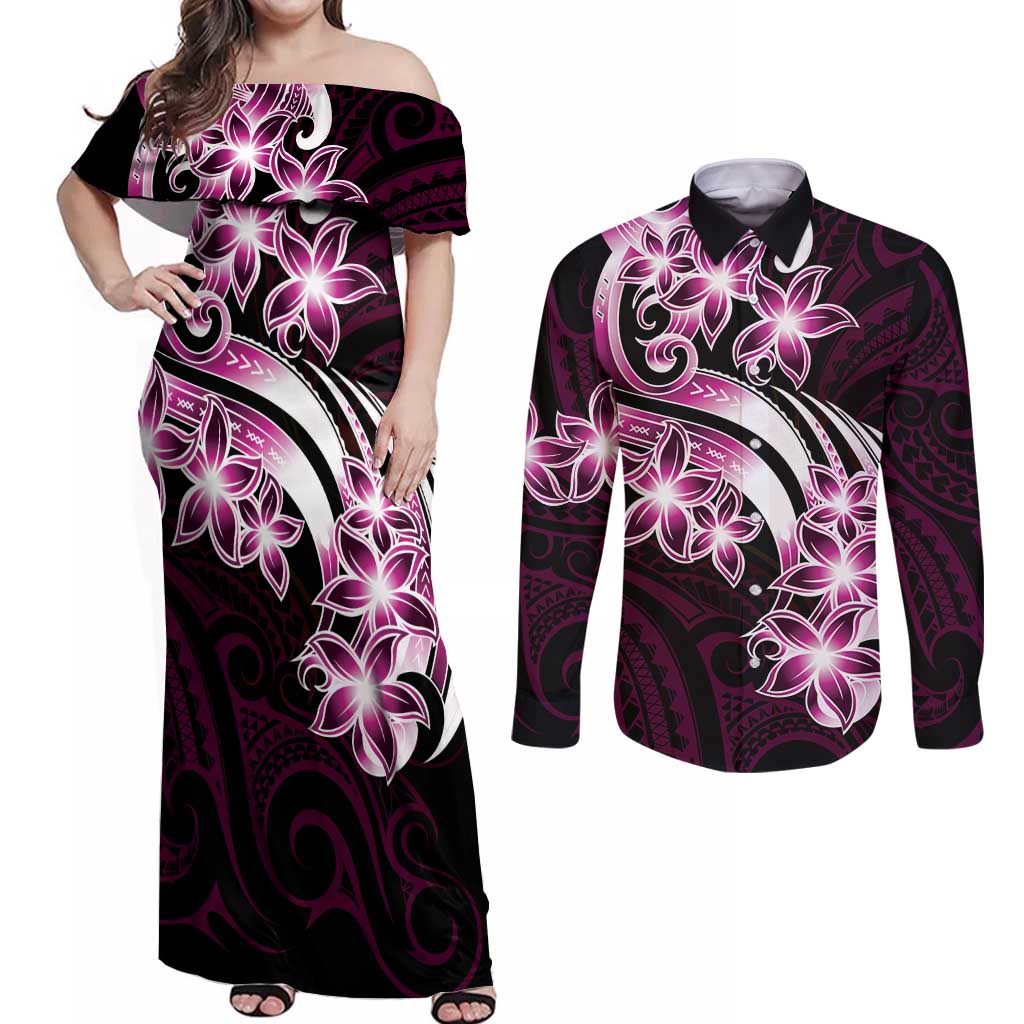 Plumeria Tribal Tattoo Couples Matching Off Shoulder Maxi Dress and Long Sleeve Button Shirt Pink Polynesian Pattern LT9 Pink - Polynesian Pride