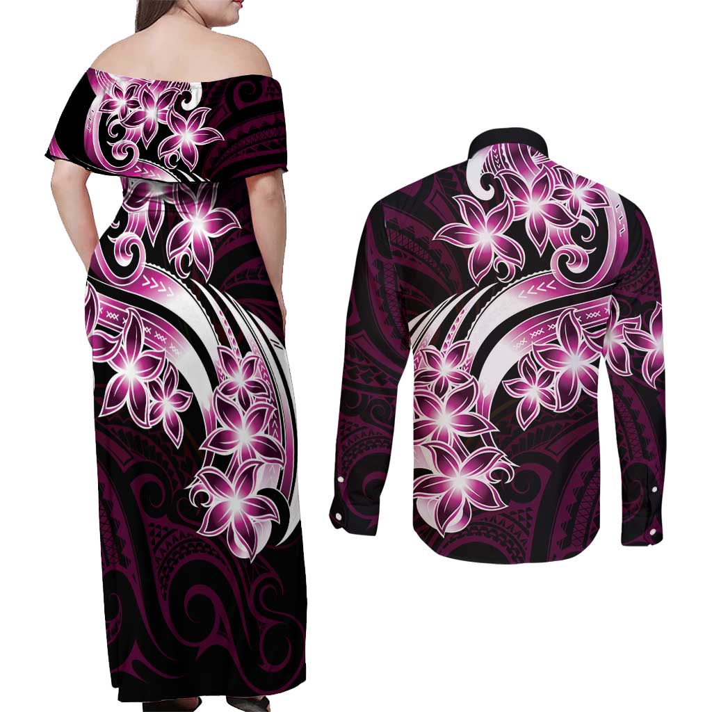 Plumeria Tribal Tattoo Couples Matching Off Shoulder Maxi Dress and Long Sleeve Button Shirt Pink Polynesian Pattern LT9 - Polynesian Pride
