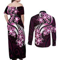 Plumeria Tribal Tattoo Couples Matching Off Shoulder Maxi Dress and Long Sleeve Button Shirt Pink Polynesian Pattern LT9 - Polynesian Pride