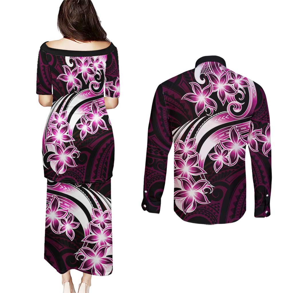 Plumeria Tribal Tattoo Couples Matching Puletasi and Long Sleeve Button Shirt Pink Polynesian Pattern